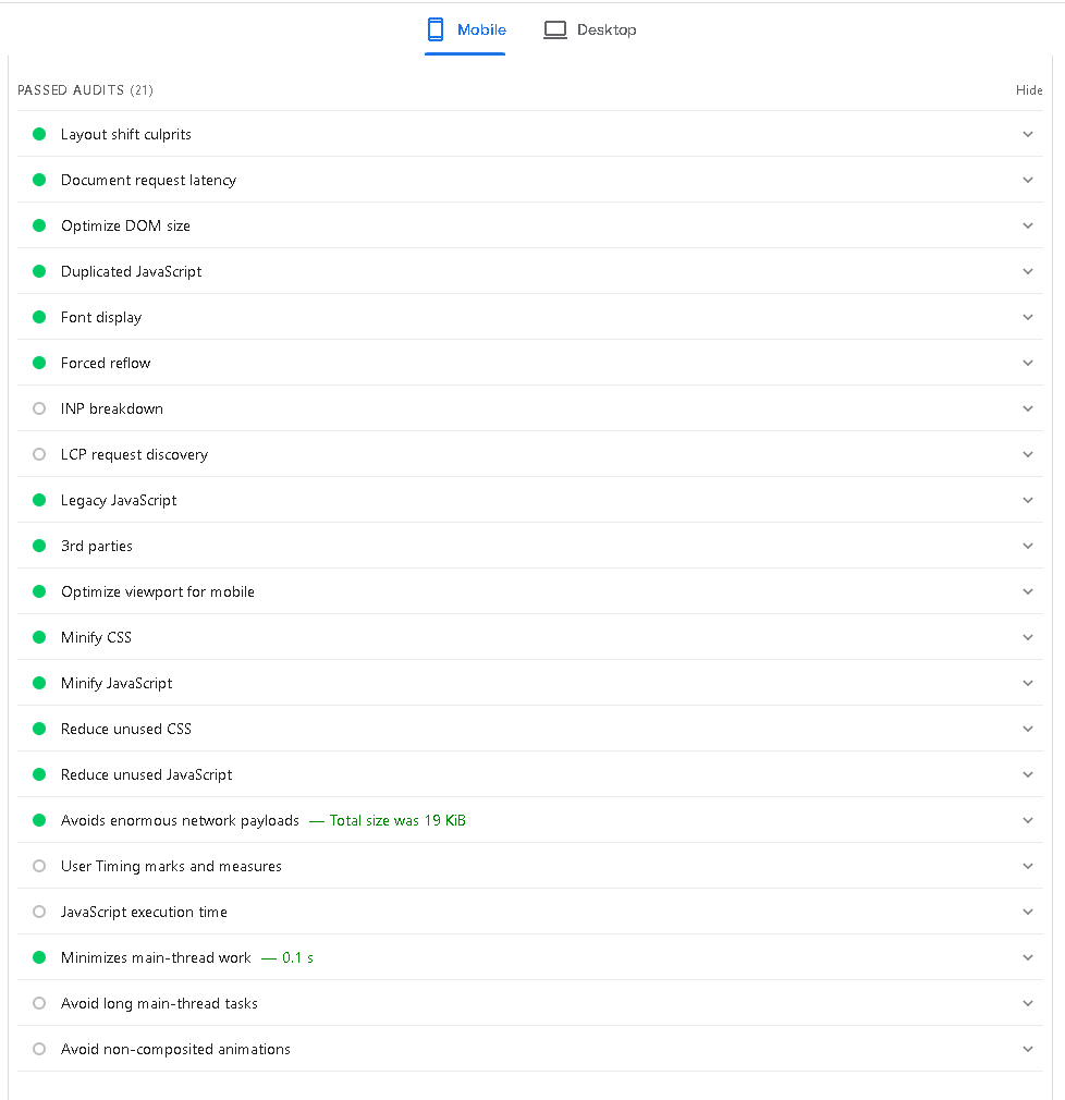 Passed Lighthouse Mobile Audits